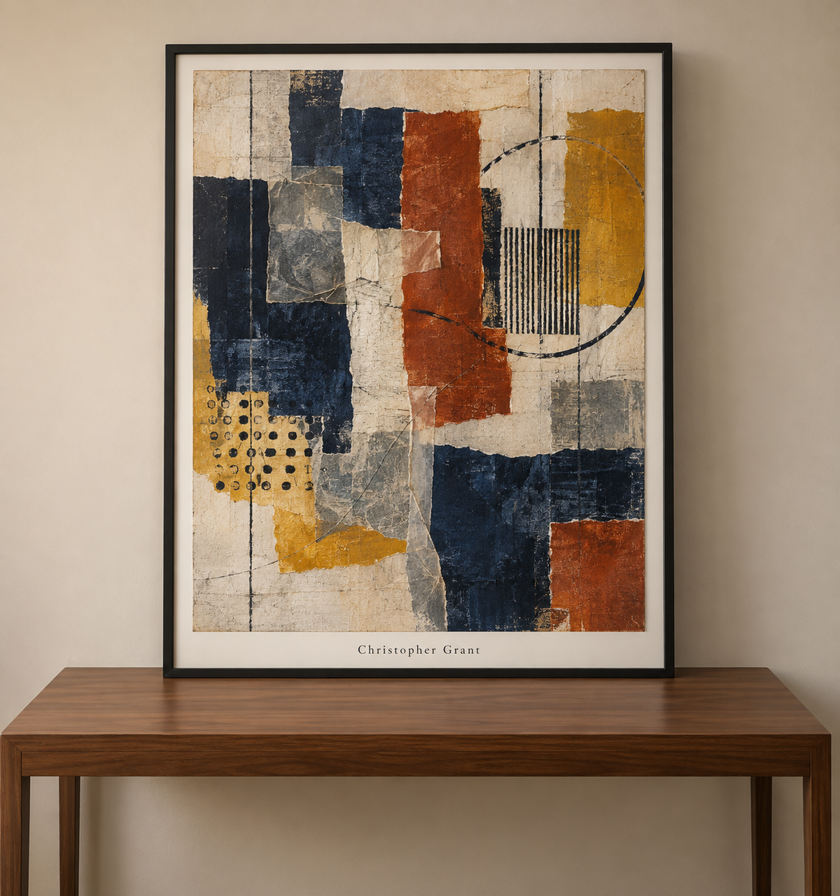 Framed indigo, rust, and mustard abstraction