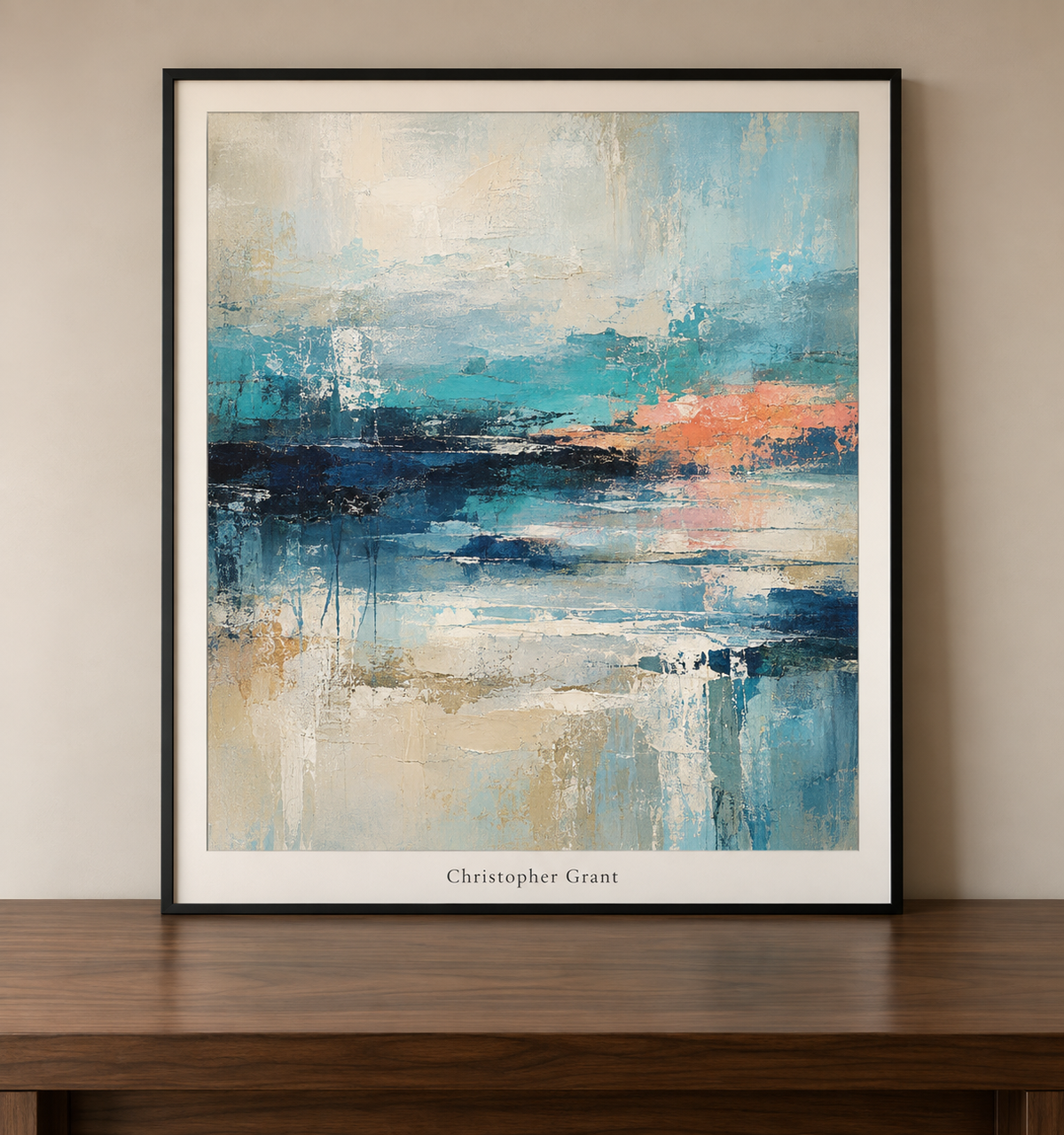 Luminous Turquoise Abstract on Walnut Desk