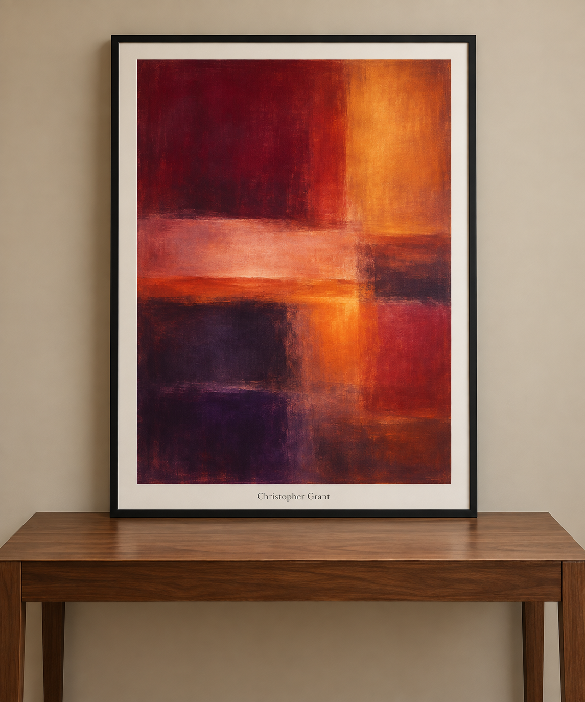 Luminous color-field painting in walnut frame