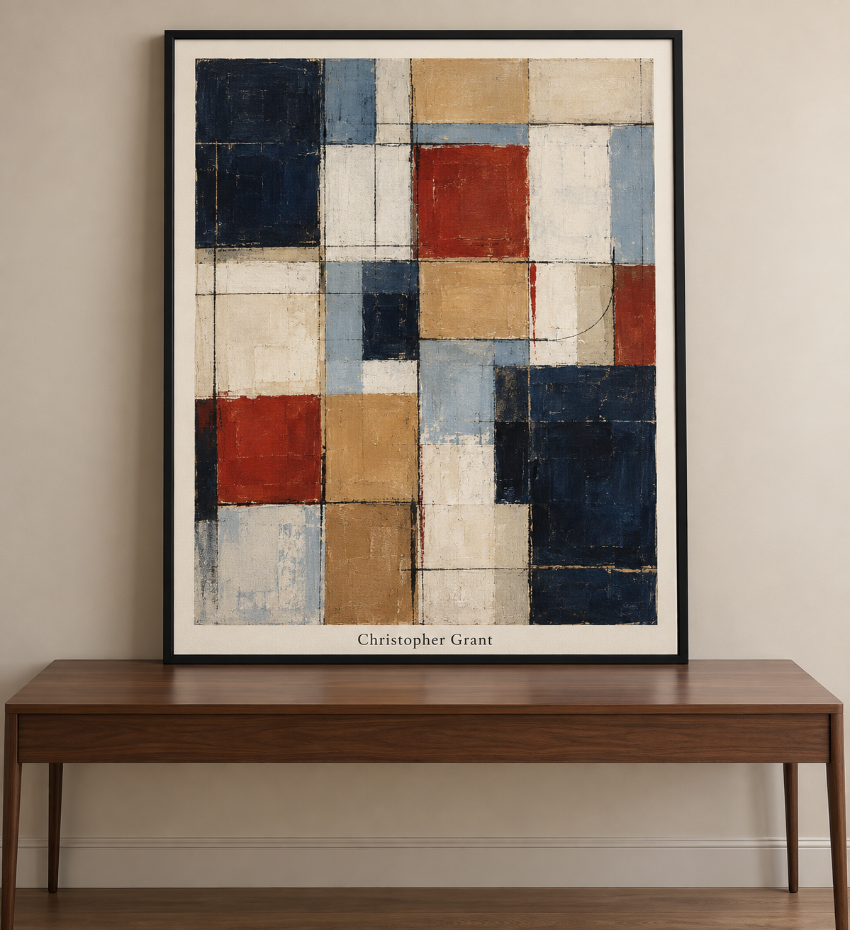 Quiet geometry in navy and camel